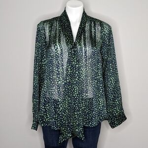 ✨3/$15 Vici blue green sheer button up tie neck blouse S